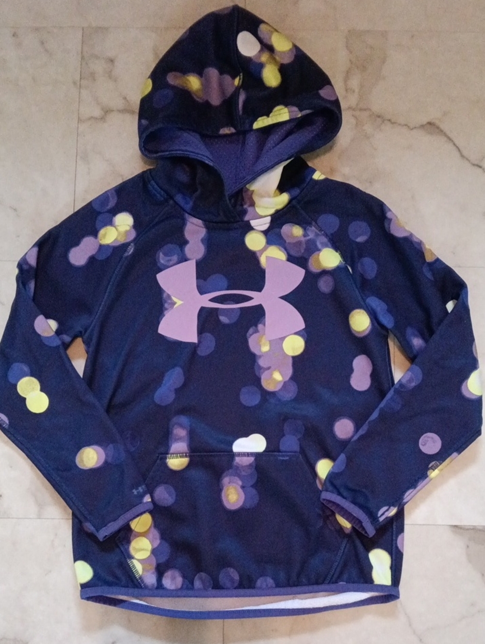 Under Armour Navy Hoodie with Lavender Logo and Yellow Dot Print